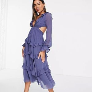ASOS DESIGN tiered ruffle midi dress with elastic waist and lace up back detail
